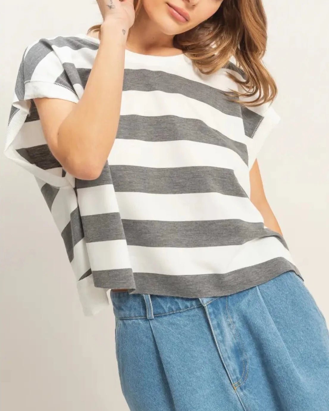 Striped Boxy Crew Neck Top