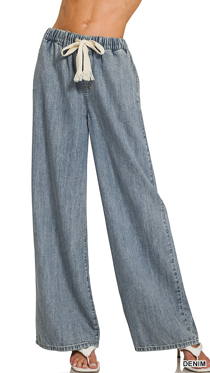 Wide Leg Drawstring Denim Pants
