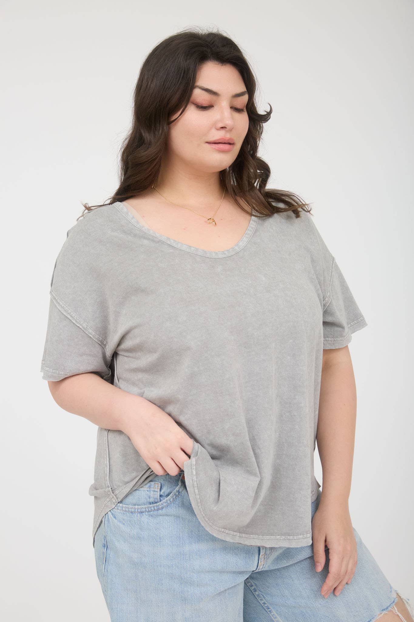 GREEN WASHED RAW EDGE KNIT TOP