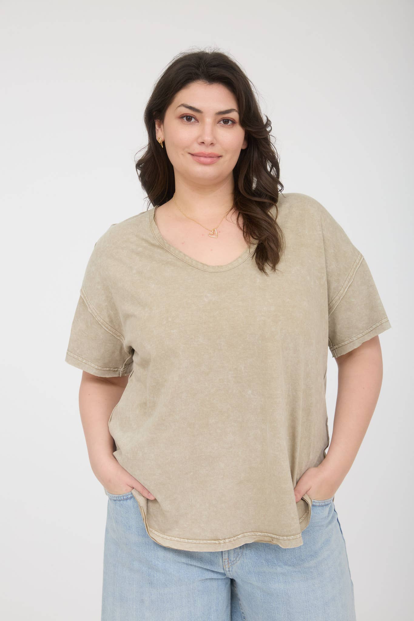 GREEN WASHED RAW EDGE KNIT TOP