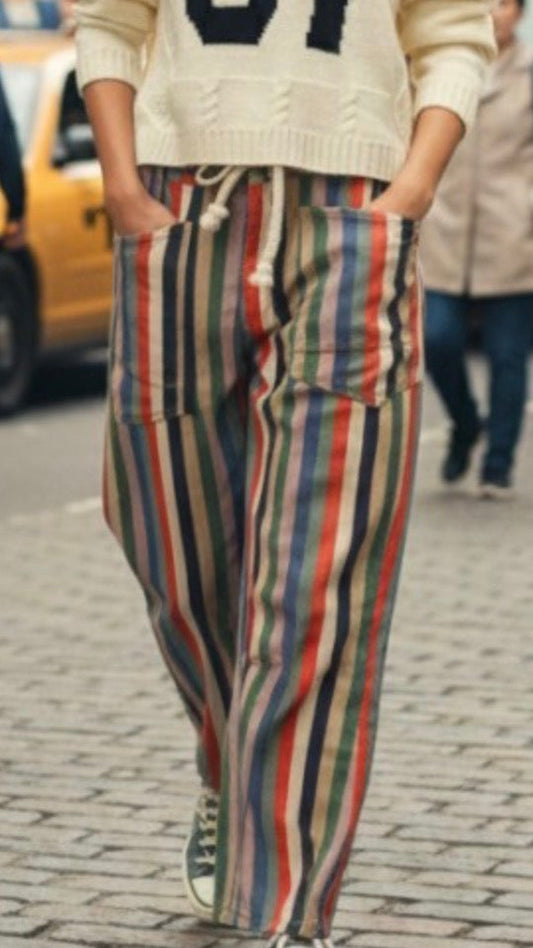Washed Striped Relaxed Fit Pants