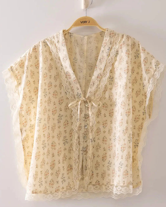 Romantic Floral Lace Tie Blouse